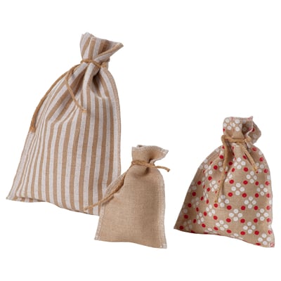 VINTERFINT Gift bag, set of 3, mixed patterns/jute white