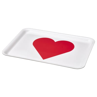 VINTERFINT Tray, heart pattern white/red, 37x28 cm