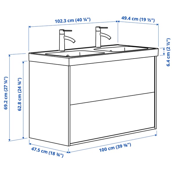 ÄNGSJÖN / ORRSJÖN Servantskap skuffer/servant/kraner, brun eikemønstret, 102x49x69 cm