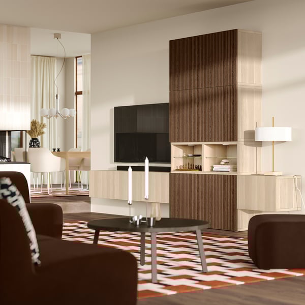 BESTÅ Medieoppbevaring, kombinasjon, hvitbeiset eikemønster Lappviken/Björköviken brun, 360x42x231 cm