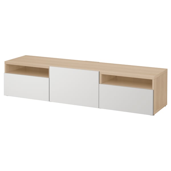 BESTÅ TV-benk, hvitbeiset eikemønster/Lappviken lys grå, 180x42x39 cm