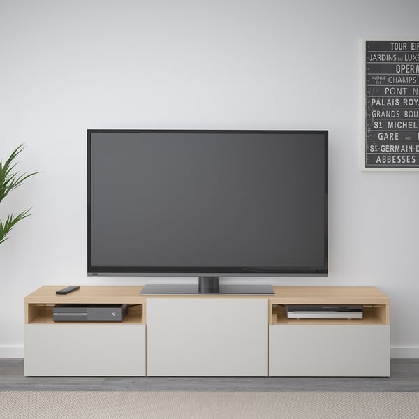 BESTÅ TV-benk, hvitbeiset eikemønster/Lappviken lys grå, 180x42x39 cm