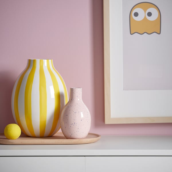 BLODBJÖRK Vase, stripet hvit/gul, 25 cm