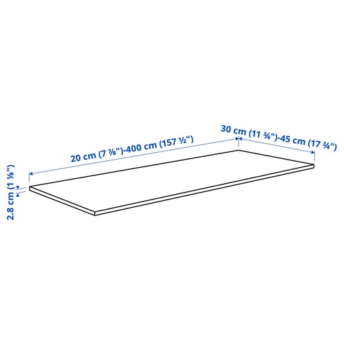 EKBACKEN Spesialtilpasset benkeplate, hvit høyglans/laminat, 30-45x2.8 cm