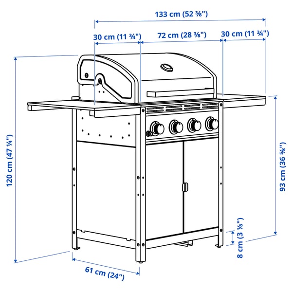 GRILLSKÄR Gassgrill med 2 sidebord, rustfritt stål/utendørs, 85/109/133x61 cm