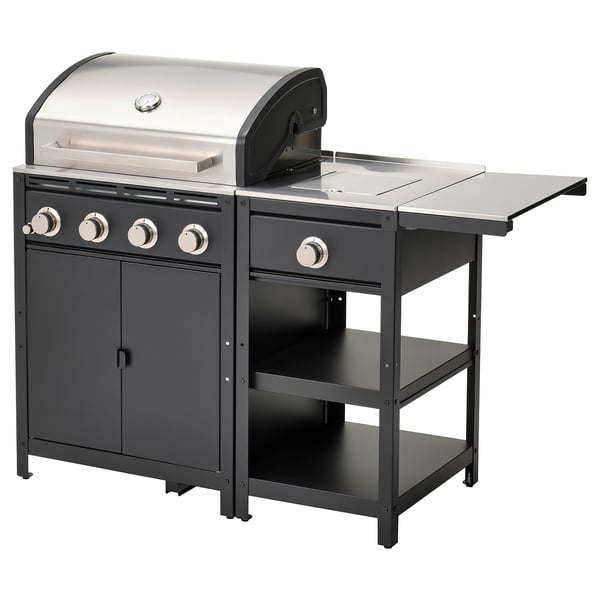 GRILLSKÄR Gassgrill med sidebrenner/bord, rustfritt stål/utendørs, 126/150x61 cm