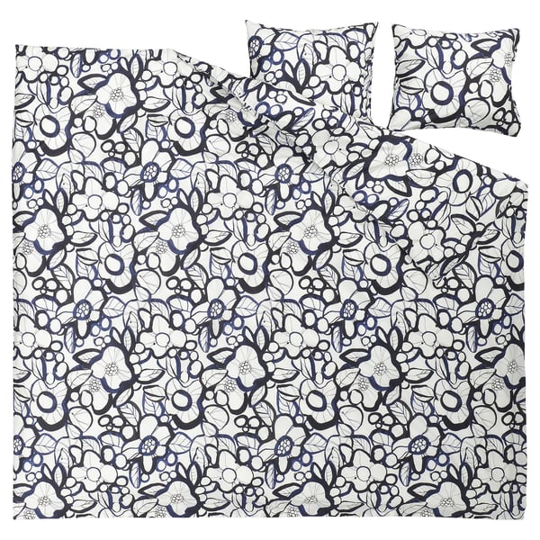 HÄRLIR Sengesett, 2 putevar, hvit svart/blå blomstermønster, 240x220/50x60 cm