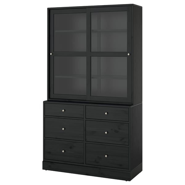 HAVSTA Oppbevaring med vitrinedører, svart, 121x47x212 cm