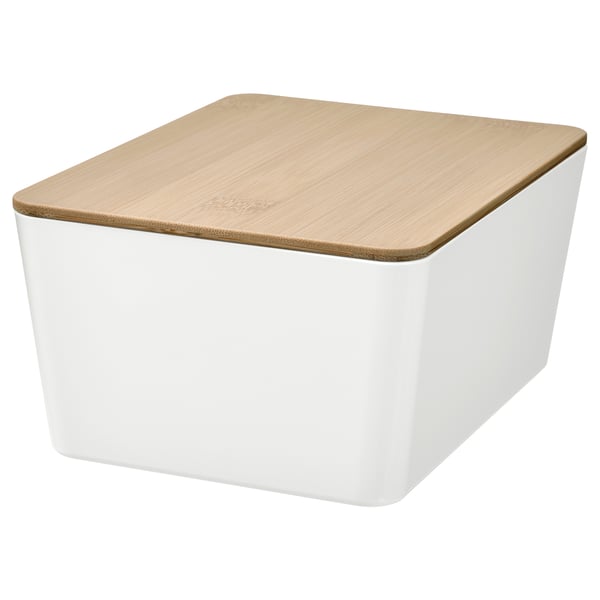 KUGGIS Kasse med lokk, hvit/bambus, 13x18x8 cm