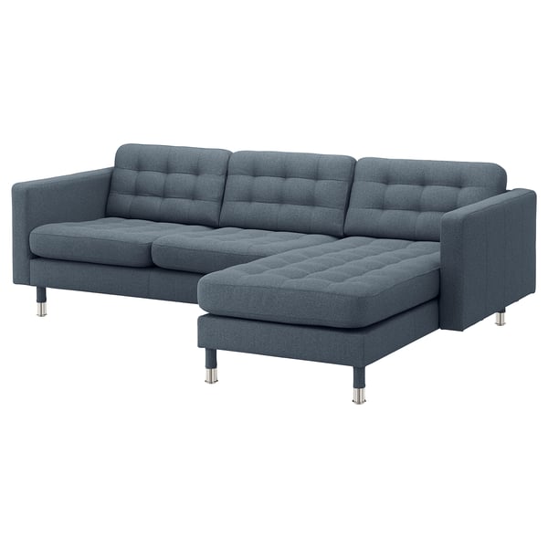 LANDSKRONA 3-seters sofa, med sjeselong/Gunnared blå/metall