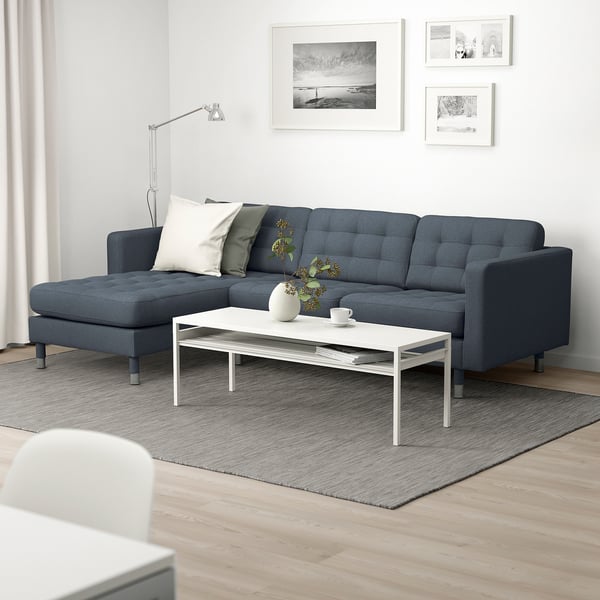 LANDSKRONA 3-seters sofa, med sjeselong/Gunnared blå/metall