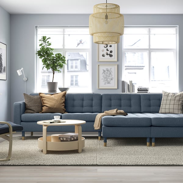LANDSKRONA 4-seters sofa med sjeselong, Gunnared blå/tre