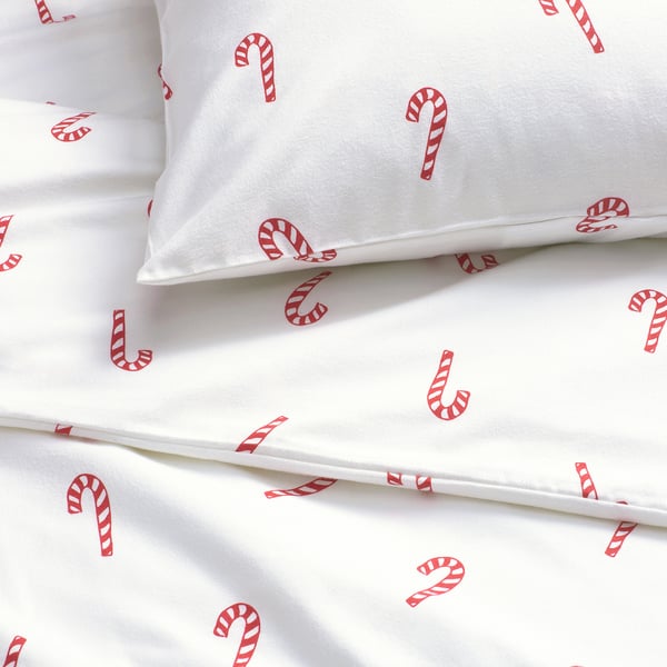 LÖVSÅNGARE Dynetrekk og putevar, sukkerstangmønster/flanell, 150x200/50x60 cm