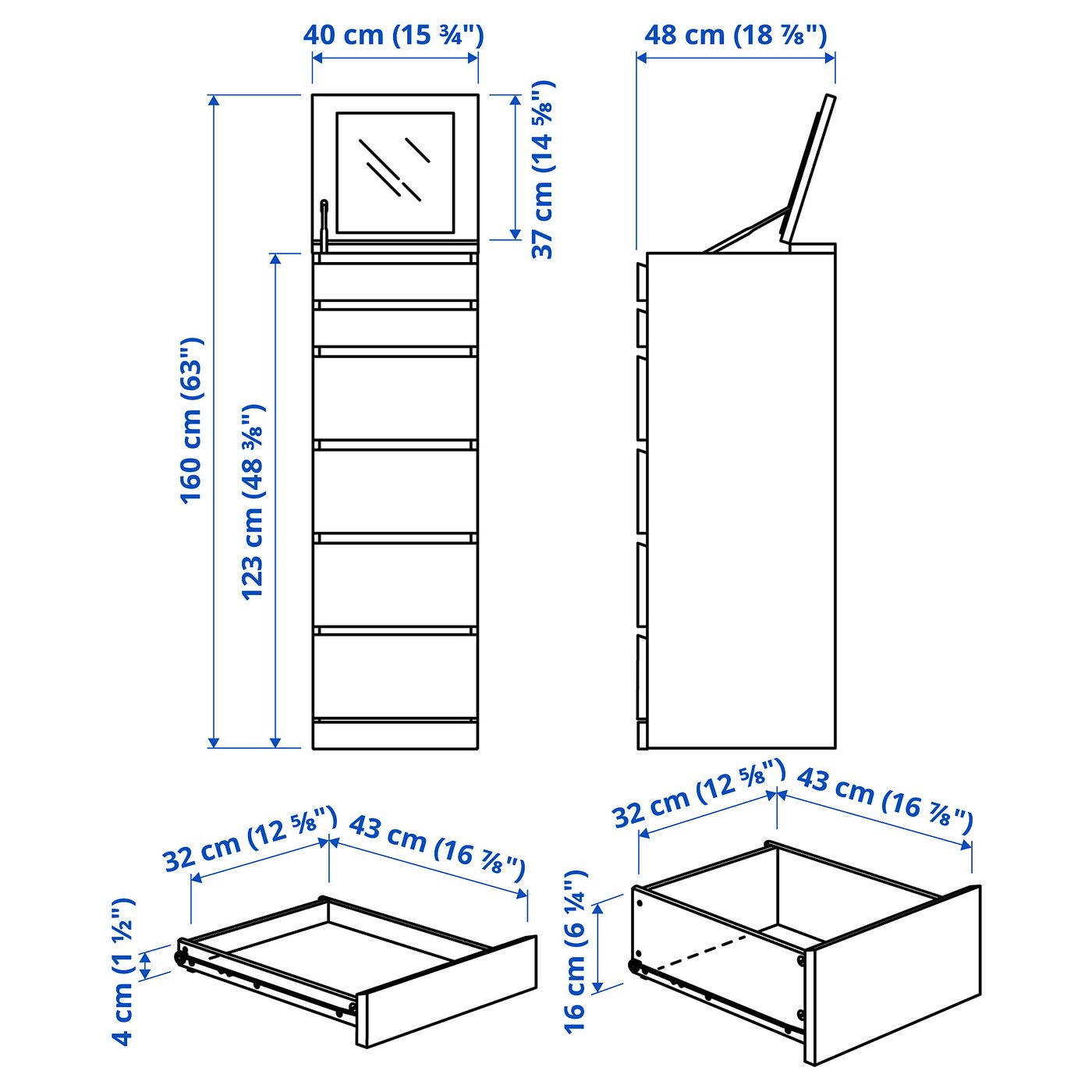 MALM Kommode, 6 skuffer - hvit/speil 40x123 cm