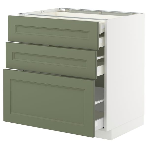 METOD / MAXIMERA Benkeskap 3 fr/2 l/1 m/1 h skuff, hvit/Axstad grågrønn, 80x60 cm