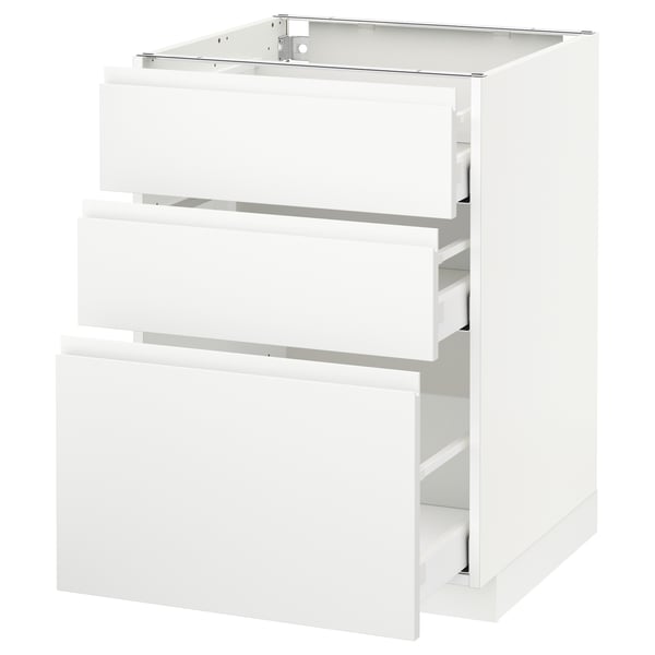 METOD / MAXIMERA Benkeskap med 3 skuffer, hvit/Voxtorp matt hvit, 60x60 cm