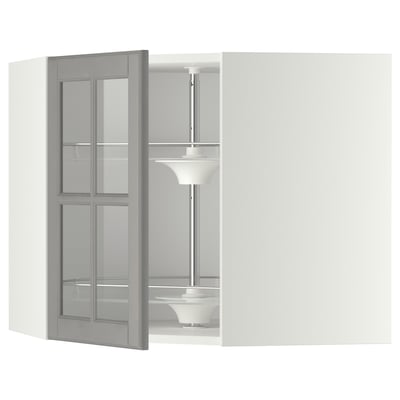 METOD Vegghjørneskap m karusell/vitrined, hvit/Bodbyn grå, 68x60 cm