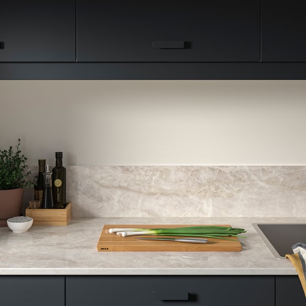 MÖCKLARP Spesialtilpasset benkeplate, polert beige/brun/marmormønstret høytrykksporselen, 1 m²x2.0 cm