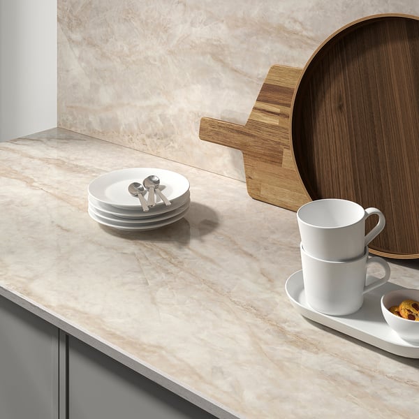 MÖCKLARP Spesialtilpasset benkeplate, polert beige/brun/marmormønstret høytrykksporselen, 1 m²x2.0 cm