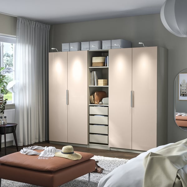 PAX / FARDAL Garderobekombinasjon, gråbeige/høyglans lys oransje, 250x60x201 cm