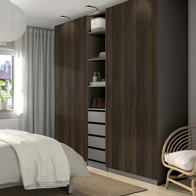 PAX / STORKLINTA Garderobekombinasjon, mørk grå/mørk brun beiset eikmønster, 250x58x236 cm