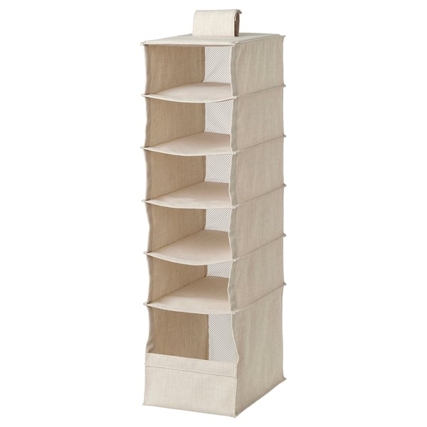 PURRPINGLA Oppbevaring med 6 rom, hengende, tekstil/beige, 22x34x80 cm