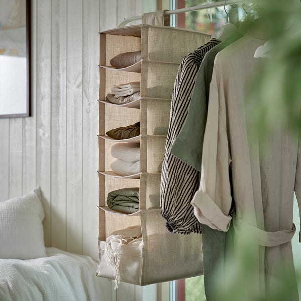 PURRPINGLA Oppbevaring med 6 rom, hengende, tekstil/beige, 22x34x80 cm