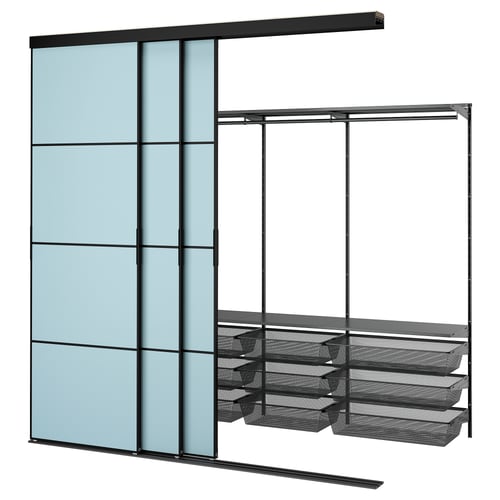 SKYTTA / BOAXEL Walk-in garderobe med skyvedører, svart metall/Mehamn lys blå, 251x115x240 cm