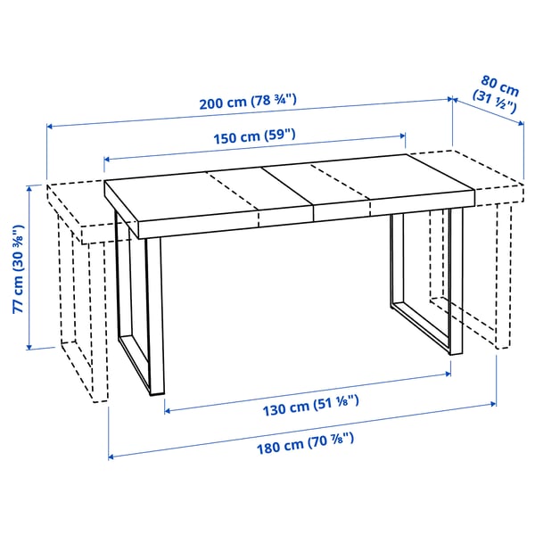 TARSELE Uttrekkbart bord, eikefiner/svart, 150/200x80 cm
