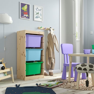 TROFAST Oppbevaringskombinasjon med bokser, hvitbeiset furu/flerfarget, 44x30x91 cm