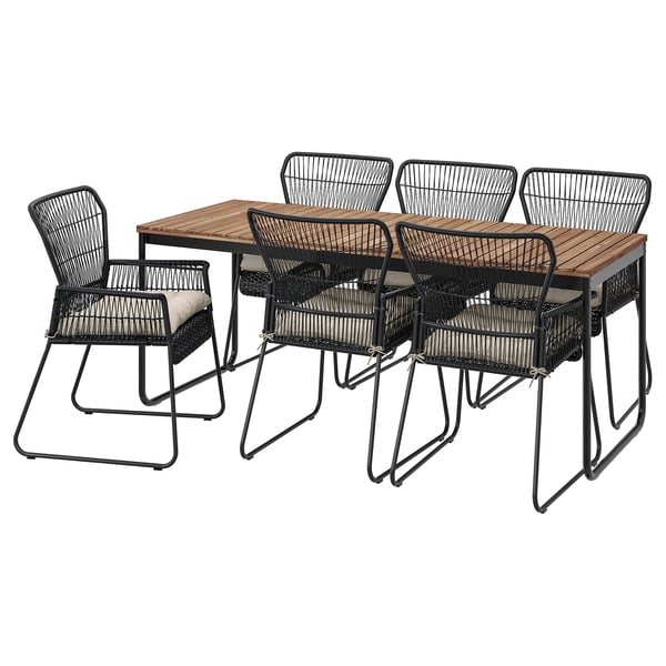 VÄSMAN / TALLSKÄR Bord + 6 stoler m armlener, utend, uttrekkbar lys brunbeiset/antrasitt Kuddarna lys grå-beige, 135x190/74 cm