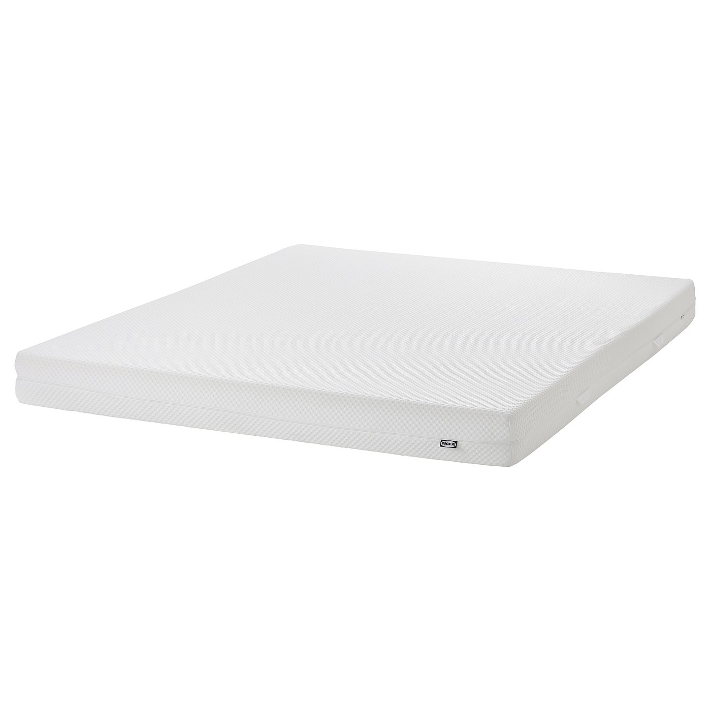 White ÅBYGDA foam mattress with memory top layer, firm support, zippered cover.