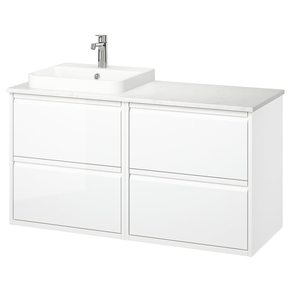 ÄNGSJÖN / BACKSJÖN Wash-stand/wash-basin/tap, high-gloss white/white marble effect, 122x49x71 cm