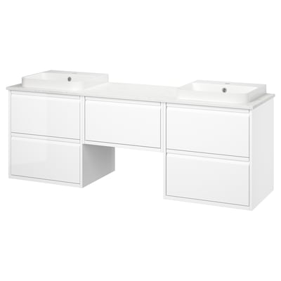 White modern dual sink vanity, wall-mounted with sleek handles, marble countertop, and multiple drawers.