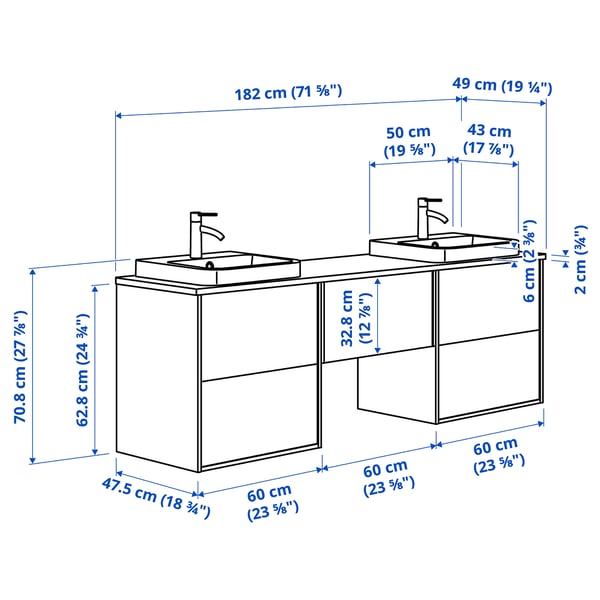 ÄNGSJÖN / BACKSJÖN Wash-stand/wash-basins/taps, high-gloss white/white marble effect, 182x49x71 cm