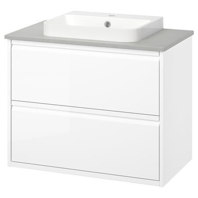 Modern white bathroom vanity with sleek design, square basin, and clean lines. Wall-mounted with full drawer storage.
