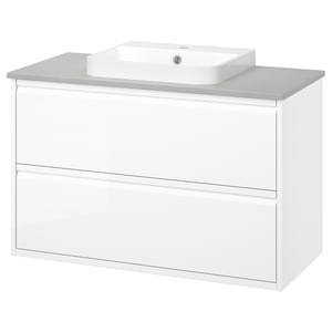 The ÄNGSJÖN white bathroom vanity a sleek design with two drawers, a semi-recessed sink, and a grey countertop, perfect for modern bathrooms.
