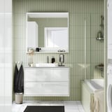 Modern bathroom with ÄNGSJÖN high-gloss furniture, marble basin, chrome fixtures, green tiles, glass shower, and bathtub.