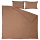A brown cotton bedding set featuring a duvet cover and two pillowcases. Simple and solid-colored.
