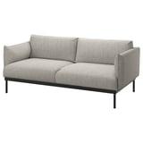 Modern grey sofa, sleek metal legs, cushioned comfort.