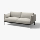 Modern grey sofa, sleek metal legs, plush cushions, minimalist design.