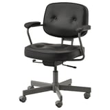 Black leather office chair with armrests, adjustable and rolling base.