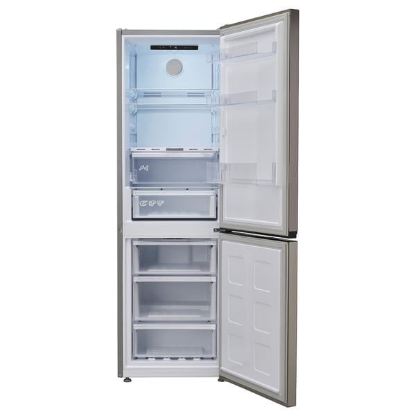 An open silver ALINGSÅS fridge/freezer with hidden handles, featuring multiple shelves and drawers.