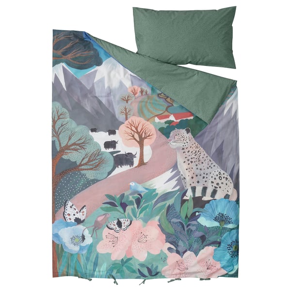 ALPTALL Duvet cover and pillowcase, blue green/The Himalayas, 150x200/50x80 cm