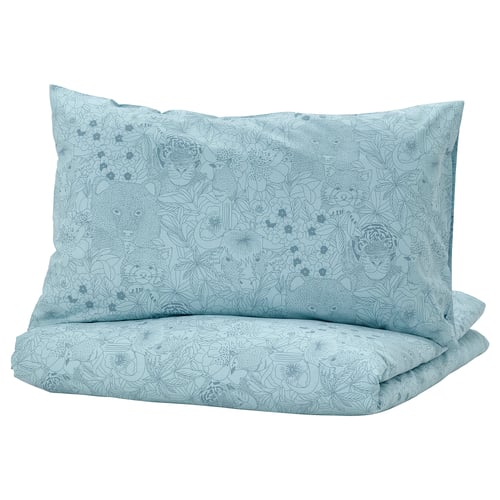 ALPTALL Duvet cover and pillowcase, blue/Himalayan animals and plants, 150x200/50x80 cm