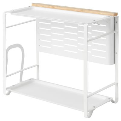 AVSTEG: white 2-tier bamboo & metal organiser, ideal for kitchen counters, featuring knife holder, hooks, anti-slip feet.