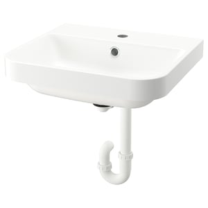 This image shows a white BACKSJÖN wash-basin, rectangular, made of crushed marble, semi-recessed style.