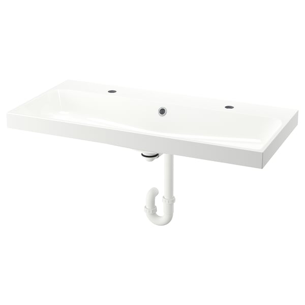 BACKSJÖN Wash-basin with water trap, white, 100x48 cm