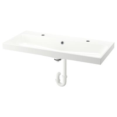 BACKSJÖN Wash-basin with water trap, white, 100x48 cm