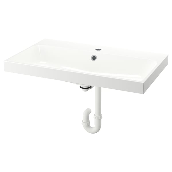 BACKSJÖN Wash-basin with water trap, white, 80x48 cm